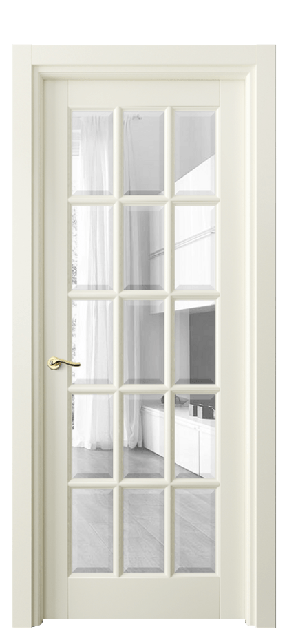 Межкомнатная дверь Лигнум 0708 Матовый молочно-белый Прозрачное стекло с фацетом Цена 909460 ₸ | Volhovec