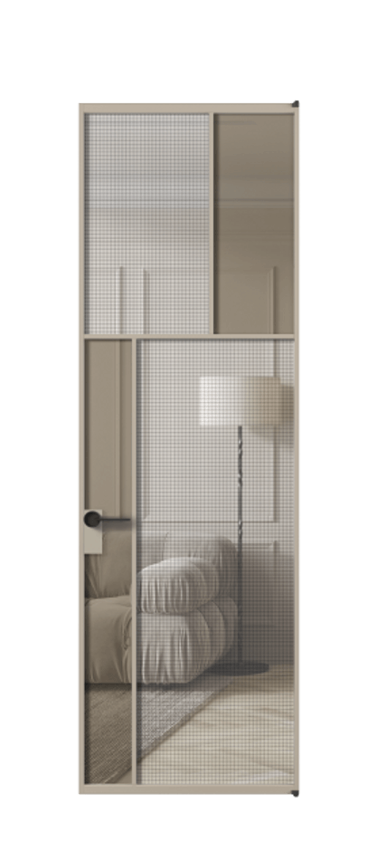 Межкомнатная дверь Mosaic АЛПЛ041.22 Алюминий бисквитный Декоративное стекло с сеткой "Mesh silver", триплекс, 6 мм + Прозрачное бронзовое стекло, триплекс Цена 1072470 ₸ | Volhovec