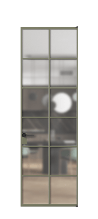 Алюминиевая дверь АЛПЛ040.05 Алюминий оливковый тёмный Сатинированное стекло "Matelux Crystal Vision", калёное, матовое, каленое 6 мм Цена 982610  | Volhovec