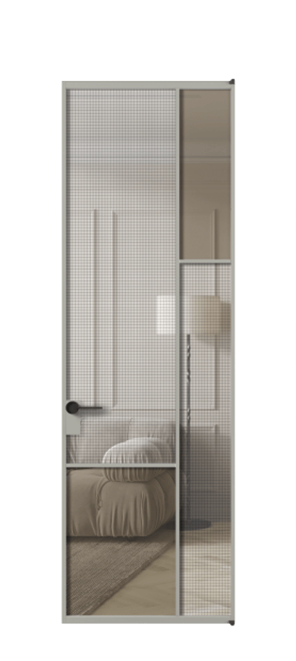 Межкомнатная дверь Mosaic АЛПЛ041.12 Алюминий нейтральный серый Декоративное стекло с сеткой "Mesh silver", триплекс, 6 мм + Прозрачное бронзовое стекло, триплекс Цена 1072470 ₸ | Volhovec