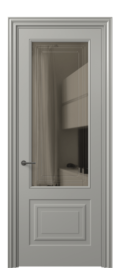 Межкомнатная дверь Маскот 8452 Матовый нейтральный серый Прозрачное бронзовое стекло с гравировкой "Грани", триплекс Цена 505189 ₸ | Volhovec