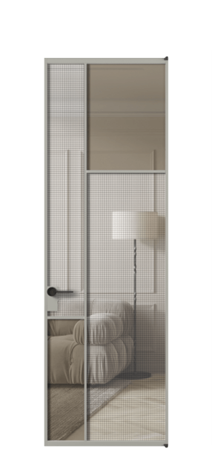 Межкомнатная дверь Mosaic АЛПЛ041.11 Алюминий нейтральный серый Декоративное стекло с сеткой "Mesh silver", триплекс, 6 мм + Прозрачное бронзовое стекло, триплекс Цена 1072470 ₸ | Volhovec