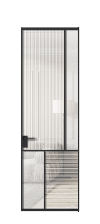 Межкомнатная дверь Mosaic АЛПЛ041.21 Алюминий Черный Рифлёное стекло "Дюна", триплекс, 6 мм + Фактурное стекло "Лёд", триплекс Цена 1048760 ₸ | Volhovec