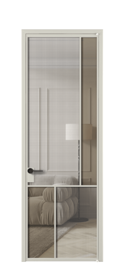 Межкомнатная дверь Mosaic АЛПЛ041.21 Алюминий тёплый серый Декоративное стекло с сеткой "Mesh silver", триплекс, 6 мм + Прозрачное бронзовое стекло, триплекс, 6 мм Цена 854260 ₸ | Volhovec