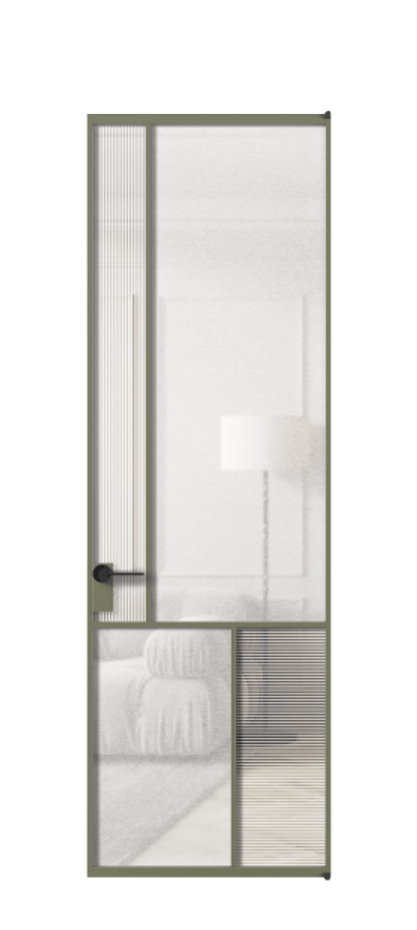 Межкомнатная дверь Mosaic АЛПЛ041.20 Алюминий оливковый тёмный Рифлёное стекло "Дюна", триплекс, 6 мм + Фактурное стекло "Лёд", триплекс Цена 1084950 ₸ | Volhovec