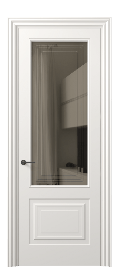 Межкомнатная дверь Маскот 8452 Матовый пудровый белый Прозрачное бронзовое стекло с гравировкой "Грани", триплекс Цена 623692 ₸ | Volhovec