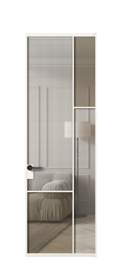Межкомнатная дверь Mosaic АЛПЛ041.12 Алюминий пудровый белый Декоративное стекло с сеткой "Mesh silver", триплекс, 6 мм + Прозрачное бронзовое стекло, триплекс Цена 1072470 ₸ | Volhovec