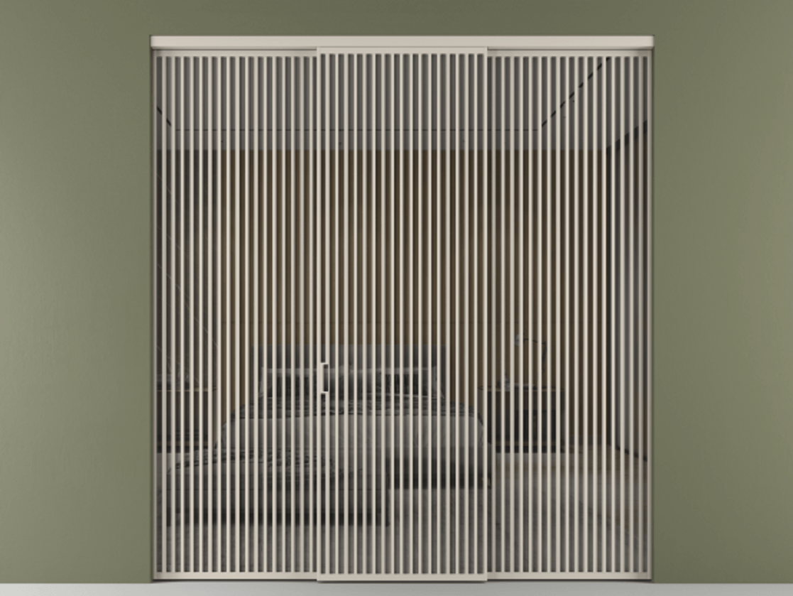 Перегородка Формато внутри проёма 3 створки АЛПР 040.06 Алюминий светло-бежевый Рефлективное серое стекло "Стопсол", калёное Цена 4623696 ₸ | Volhovec