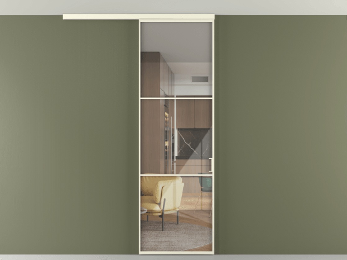 Перегородка Формато вдоль стены на потолок 1 створка АЛПР 040.03 Алюминий молочно-белый Рефлективное прозрачное стекло "Стопсол", калёное Цена 811853 ₸ | Volhovec