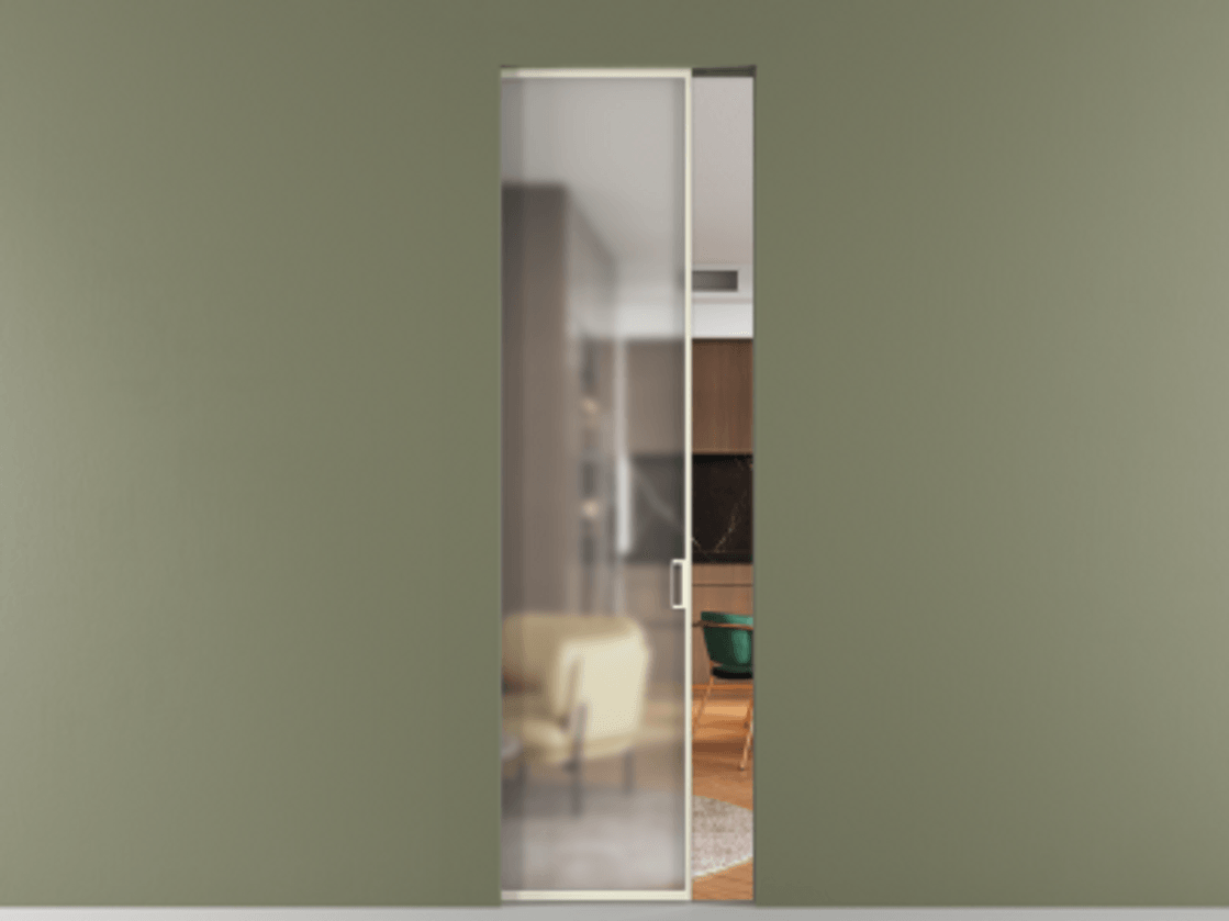 Перегородка Формато скрытый пенал 1 створка АЛПР 040.01 Алюминий молочно-белый Сатинированное стекло "Мателюкс Кристал Вижн", калёное, матовое, каленое 6 мм Цена 1190398 ₸ | Volhovec