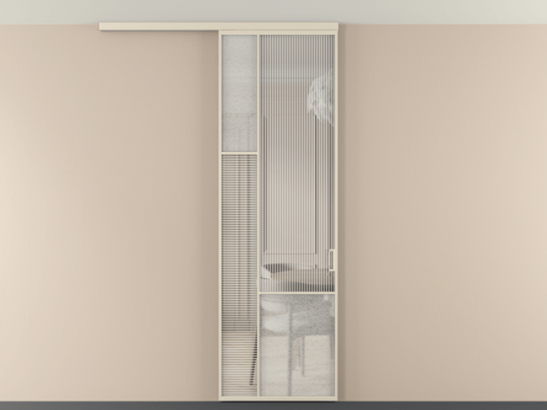 Перегородка Мозаик вдоль стены на потолок 1 створка АЛПР 041.13 Алюминий бежево-серый Рифлёное стекло "Дюна", триплекс, 6 мм + Фактурное стекло "Лёд", триплекс Цена 1081382 ₸ | Volhovec