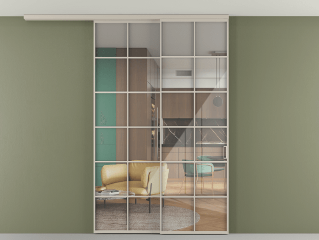 Перегородка Формато вдоль стены на потолок 2 створки с синхронным механизмом АЛПР 040.05 Алюминий светло-бежевый Рефлективное прозрачное стекло "Стопсол", калёное Цена 2602001 ₸ | Volhovec