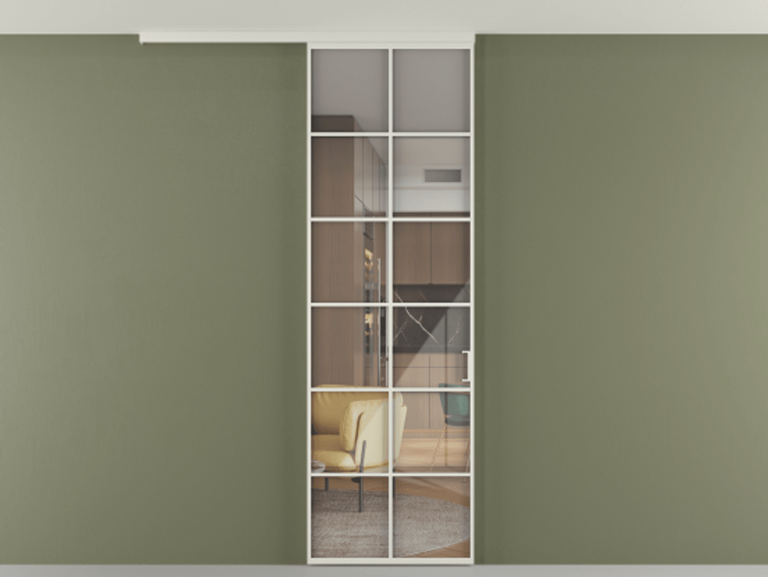 Перегородка Формато вдоль стены на потолок 1 створка АЛПР 040.05 Алюминий Белый Рефлективное прозрачное стекло "Стопсол", калёное Цена 975164 ₸ | Volhovec