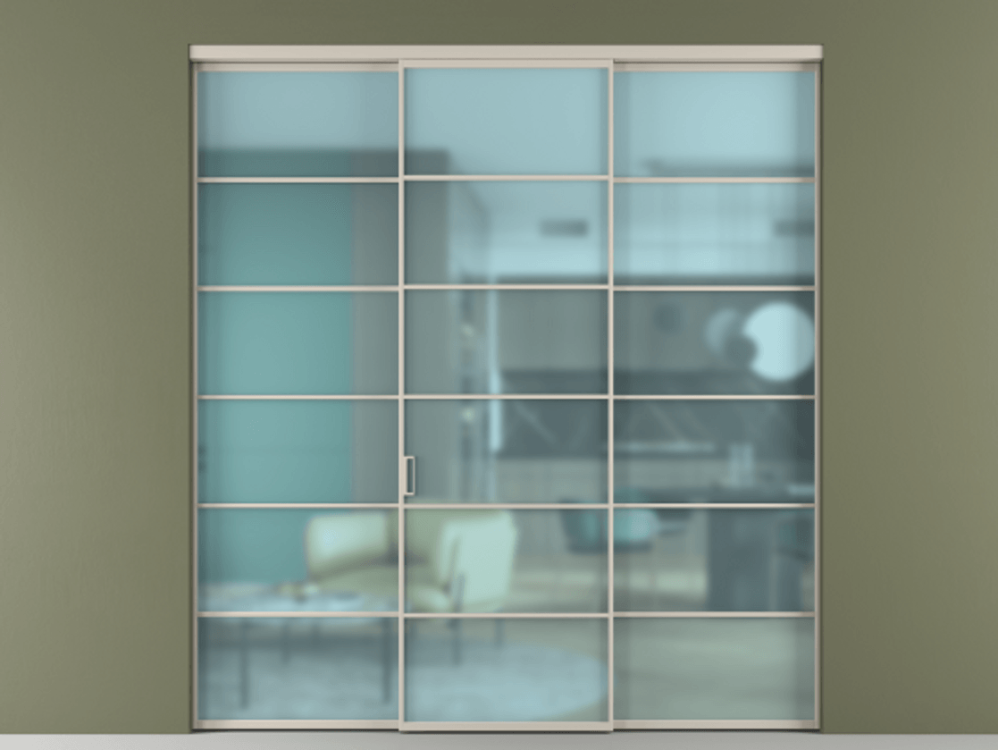 Перегородка Formato внутри проёма 3 створки АЛПР 040.04 Алюминий светло-бежевый Сатинированное голубое стекло, триплекс Цена 1667700 ₸ | Volhovec