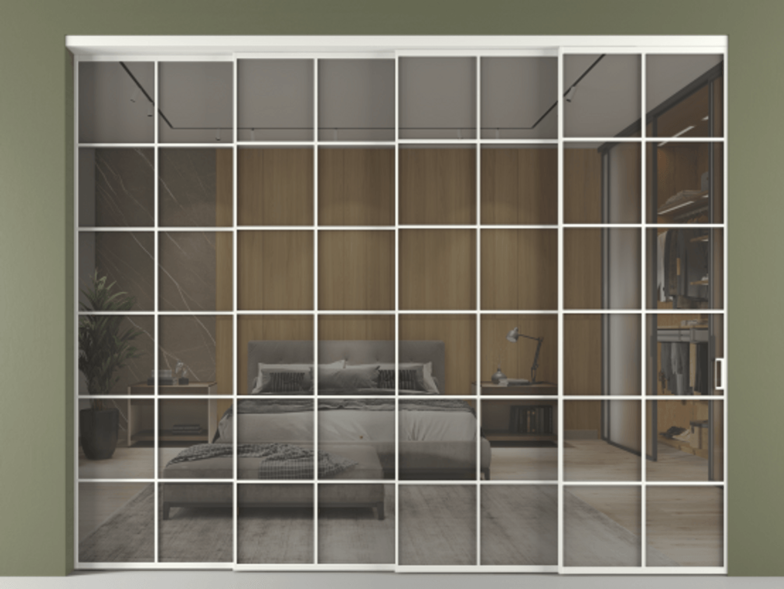 Перегородка Formato внутри проёма 4 створки с синхронным механизмом АЛПР 040.05 Алюминий светло-серый Рефлективное серое стекло "Стопсол", калёное Цена 4437720 ₸ | Volhovec