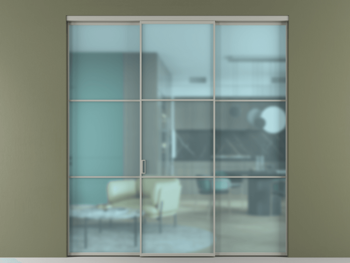 Перегородка Формато внутри проёма 3 створки АЛПР 040.03 Алюминий нейтральный серый Сатинированное голубое стекло, триплекс Цена 1793799 ₸ | Volhovec