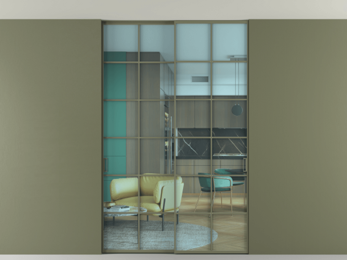 Перегородка Formato внутри проёма двустворчатая со скрытым креплением в потолок АЛПР 040.05 Алюминий оливковый тёмный Прозрачное голубое стекло, триплекс Цена 1913700 ₸ | Volhovec