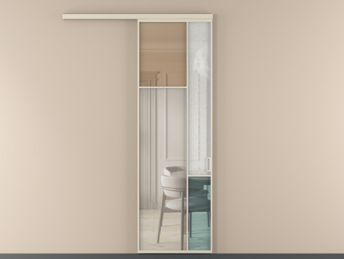 Перегородка Mosaic вдоль стены одностворчатая АЛПР 041.10 Алюминий бежево-серый Комбинация стекол Группы 1 и Группы 3 Цена 806000 ₸ | Volhovec