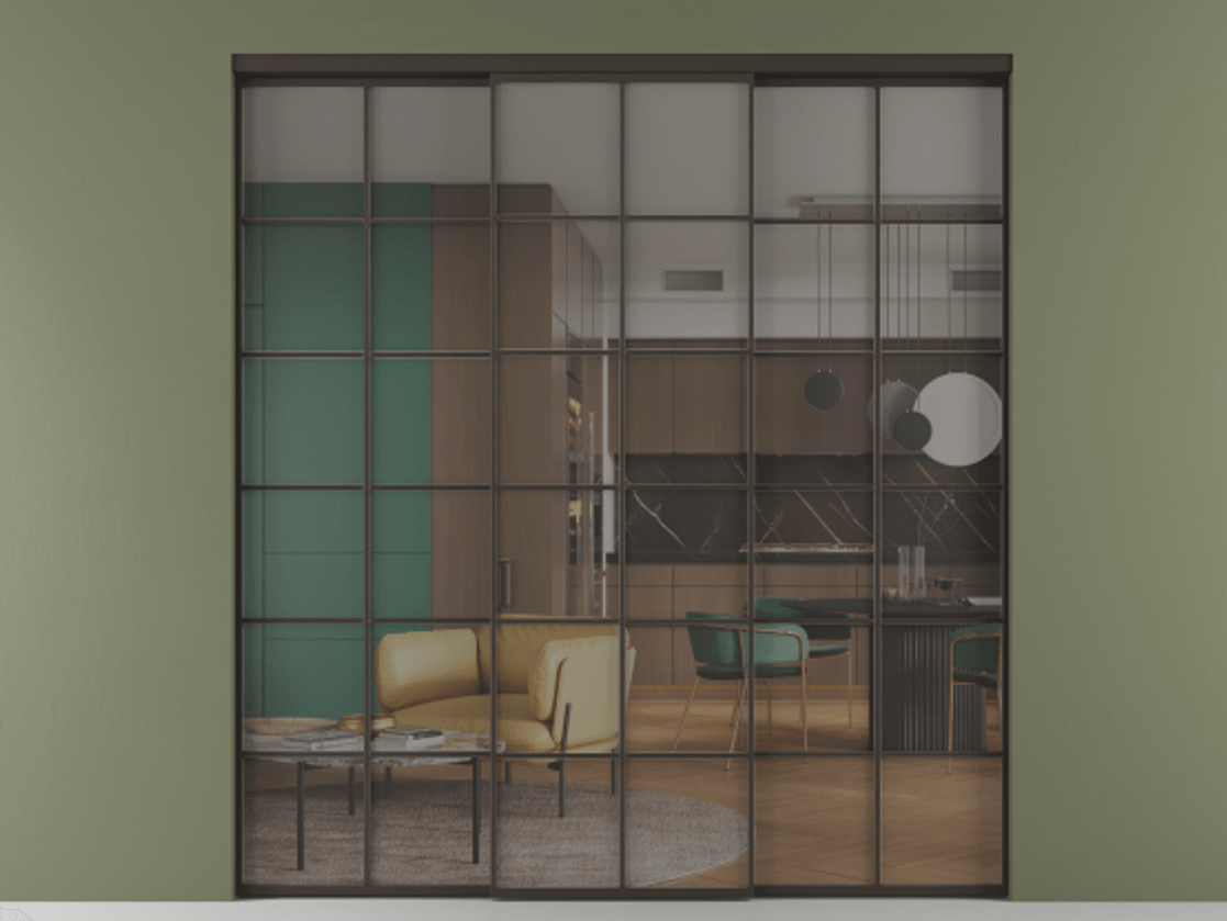 Перегородка Formato внутри проёма 3 створки АЛПР 040.05 Алюминий антрацит Прозрачное серое стекло, триплекс Цена 1926477 ₸ | Volhovec