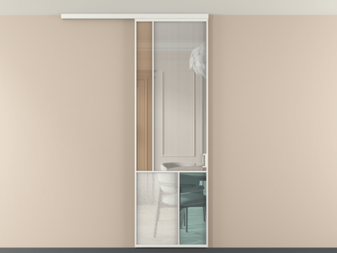 Перегородка Мозаик вдоль стены на потолок 1 створка АЛПР 041.20 Алюминий светло-серый Комбинация стекол Группы 1 и Группы 3 Цена 1066262 ₸ | Volhovec