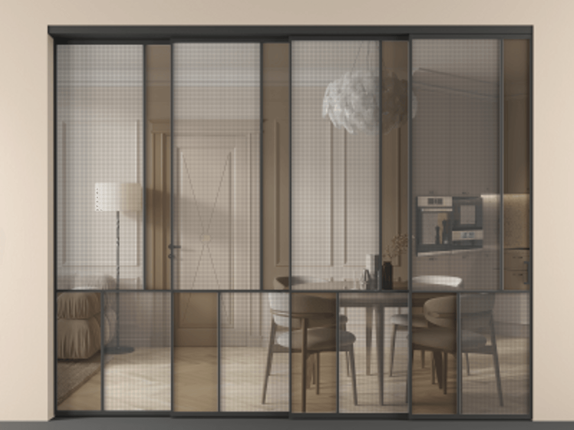 Перегородка Mosaic внутри проёма телескопик синхро-4 АЛПР 041.21 Алюминий Черный Mesh silver + Бронза прозрачное триплекс Цена 3445850 ₸ | Volhovec