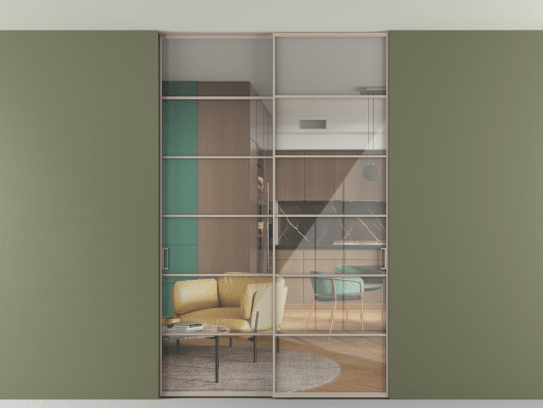 Перегородка Formato внутри проёма скрытое крепление в потолок 2 створки АЛПР 040.04 Алюминий бисквитный Рефлективное прозрачное стекло "Stopsol", калёное Цена 2439461 ₸ | Volhovec