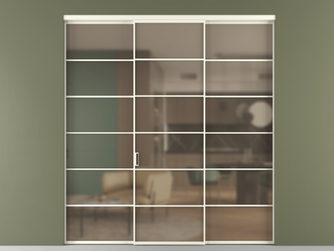 Перегородка Formato внутри проёма 3 створки АЛПР 040.04 Алюминий жемчужный Сатинированное бронзовое стекло, триплекс Цена 1926477 ₸ | Volhovec