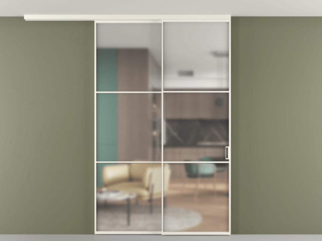 Перегородка Формато вдоль стены на потолок 2 створки с синхронным механизмом АЛПР 040.03 Алюминий пудровый белый Сатинированное стекло "Мателюкс Кристал Вижн", калёное, матовое, каленое 6 мм Цена 2198267 ₸ | Volhovec