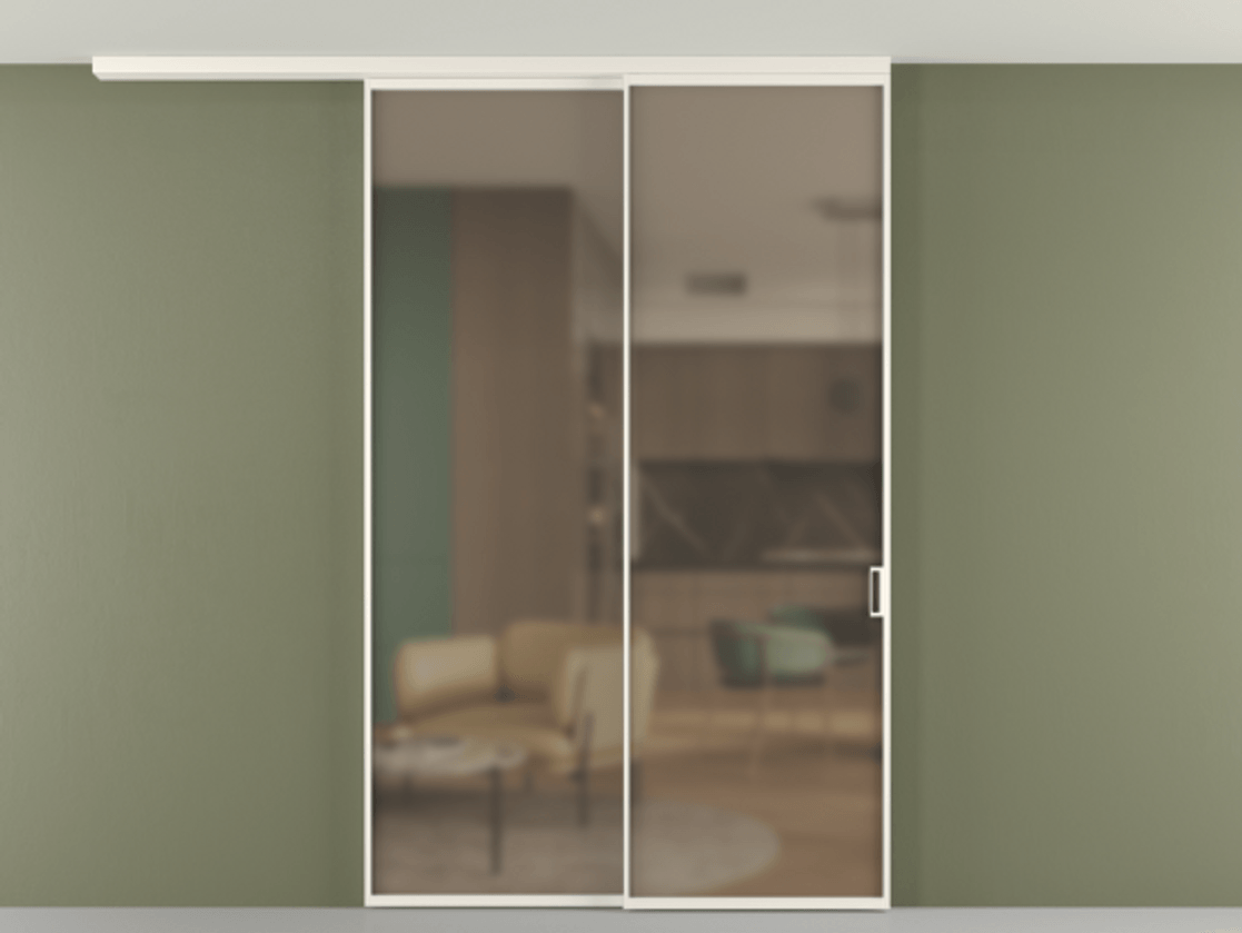 Перегородка Формато вдоль стены на потолок 2 створки с синхронным механизмом АЛПР 040.01 Алюминий пудровый белый Сатинированное бронзовое стекло, триплекс Цена 2261498 ₸ | Volhovec