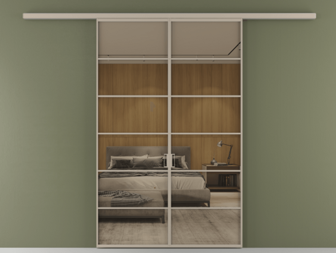 Перегородка Формато вдоль стены 2 створки АЛПР 040.04 Алюминий бисквитный Рефлективное бронзовое стекло "Стопсол", калёное Цена 2000376 ₸ | Volhovec