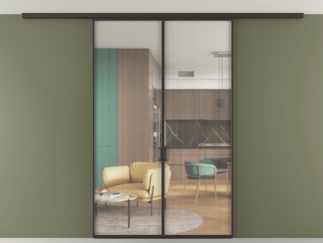 Перегородка Формато вдоль стены на потолок 2 створки АЛПР 040.01 Алюминий антрацит Рифлёное стекло "Мору", триплекс Цена 1434170 ₸ | Volhovec