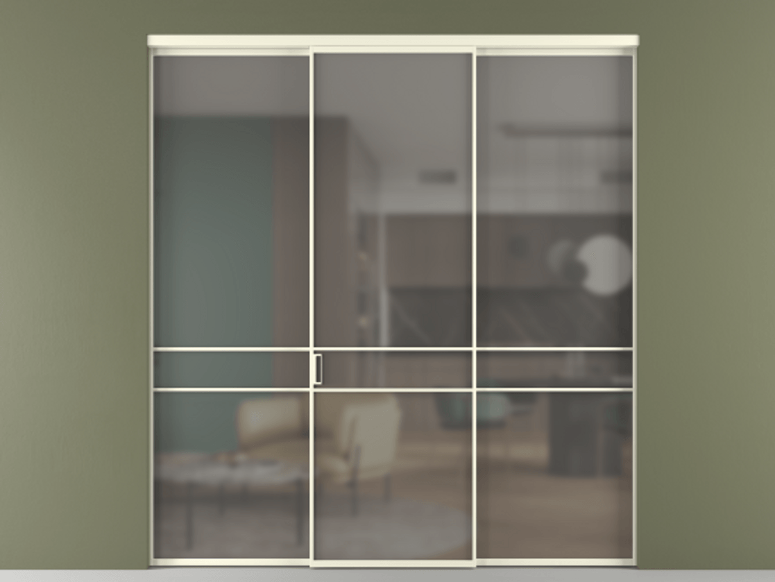 Перегородка Formato внутри проёма 3 створки АЛПР 040.02 Алюминий молочно-белый Сатинированное серое стекло, триплекс Цена 1550890 ₸ | Volhovec