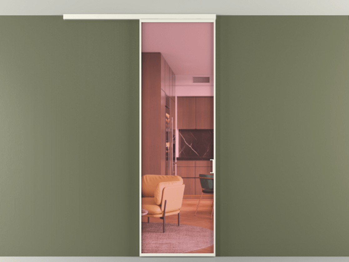 Перегородка Формато вдоль стены на потолок 1 створка АЛПР 040.01 Алюминий жемчужный Прозрачное розовое стекло, триплекс Цена 698563 ₸ | Volhovec