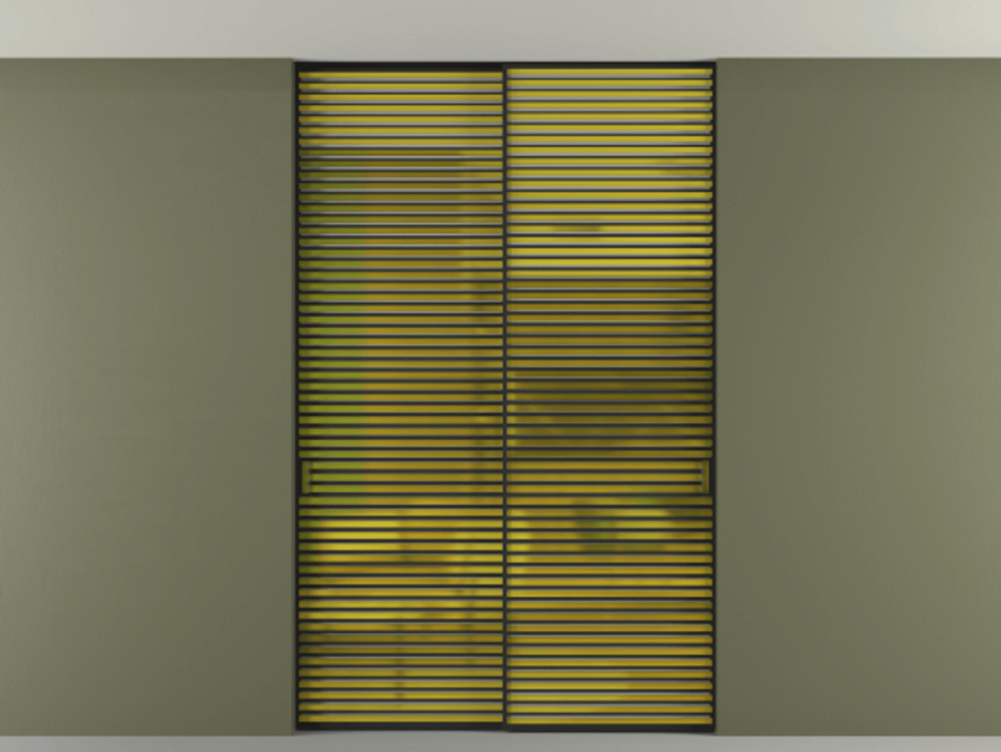 Перегородка Формато внутри проёма скрытое крепление в потолок 2 створки АЛПР 040.07 Алюминий Черный Сатинированное жёлтое стекло, триплекс Цена 2995423 ₸ | Volhovec