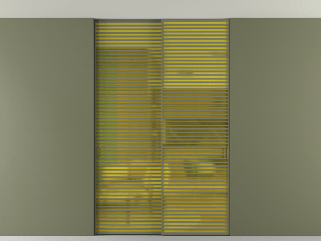 Перегородка Формато внутри проёма скрытое крепление в потолок 2 створки АЛПР 040.07 Алюминий оливковый тёмный Сатинированное жёлтое стекло, триплекс Цена 3098957 ₸ | Volhovec