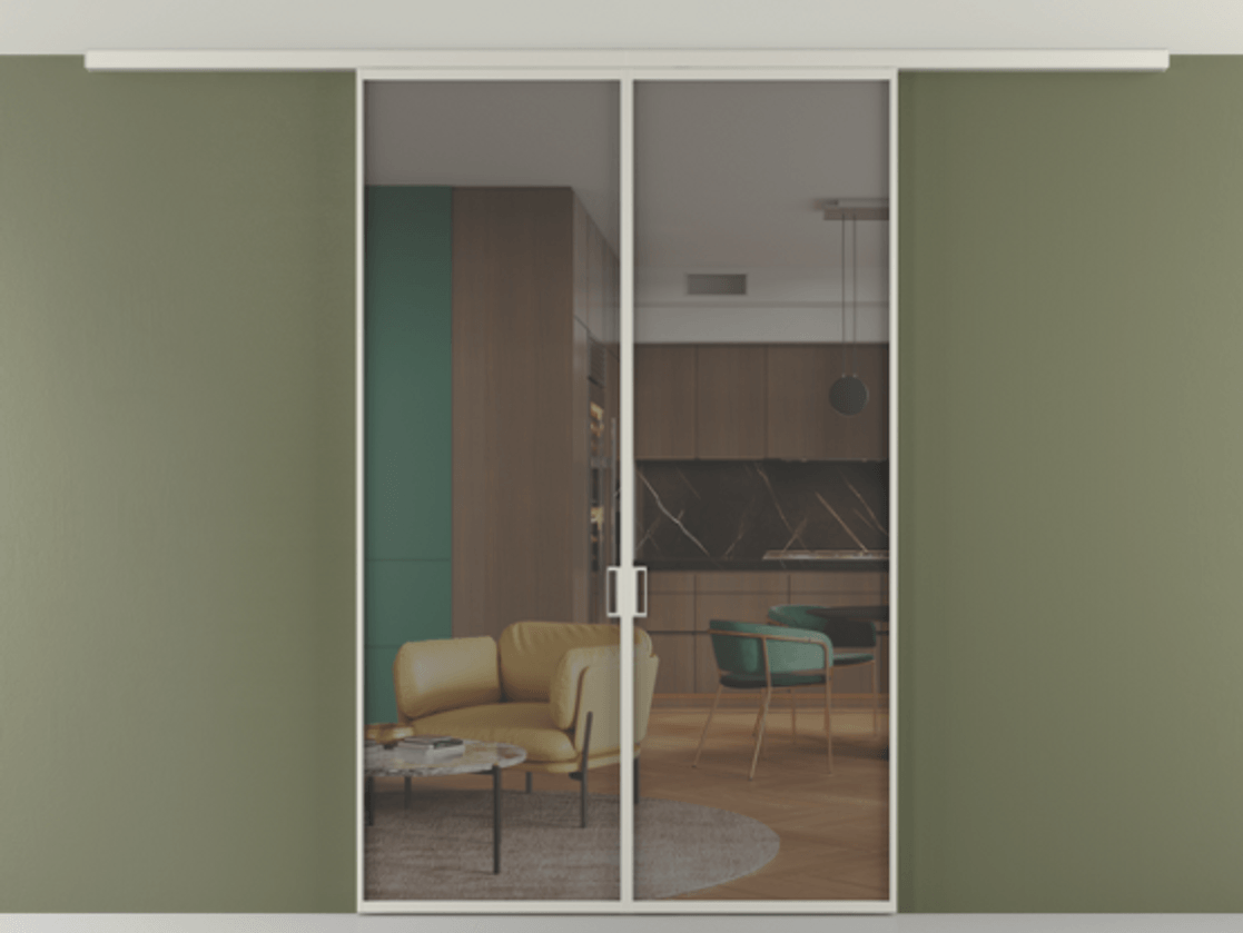 Перегородка Формато вдоль стены на потолок 2 створки АЛПР 040.01 Алюминий тёплый серый Прозрачное серое стекло, триплекс Цена 1633262 ₸ | Volhovec