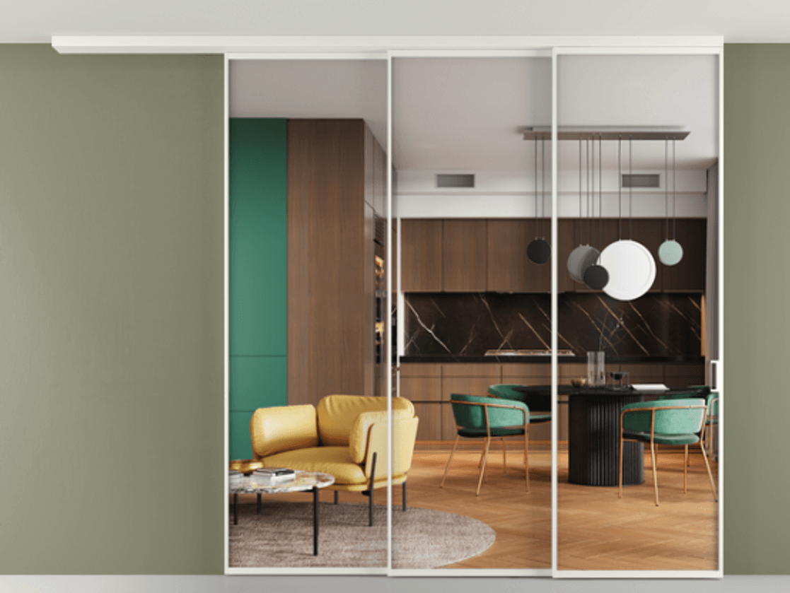 Перегородка Формато вдоль стены на потолок 3 створки с синхронным механизмом АЛПР 040.01 Алюминий светло-серый Прозрачное стекло "Кристал Вижн", калёное Цена 3033888 ₸ | Volhovec