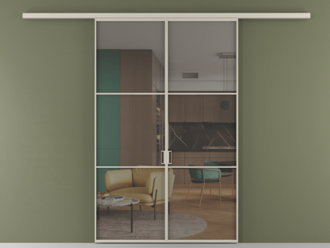 Перегородка Формато вдоль стены 2 створки АЛПР 040.03 Алюминий светло-бежевый Прозрачное серое стекло, триплекс Цена 1477602 ₸ | Volhovec