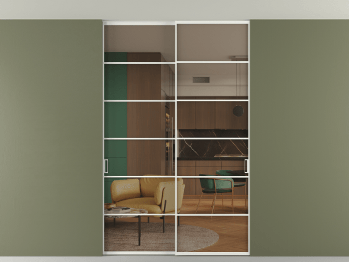 Перегородка Формато внутри проёма скрытое крепление в потолок 2 створки АЛПР 040.04 Алюминий светло-серый Прозрачное бронзовое стекло, триплекс Цена 1973803 ₸ | Volhovec