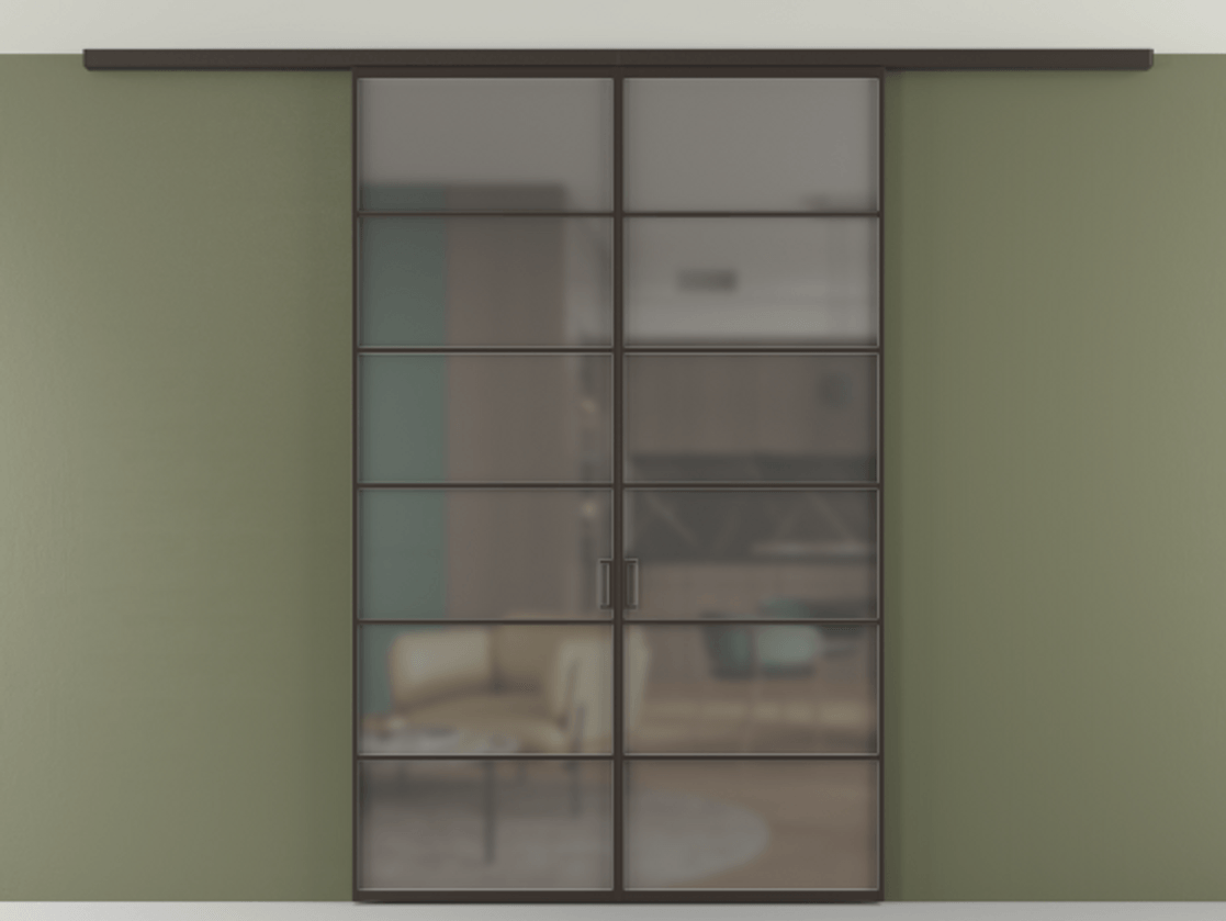 Перегородка Формато вдоль стены на потолок 2 створки АЛПР 040.04 Алюминий антрацит Сатинированное серое стекло, триплекс Цена 1508107 ₸ | Volhovec