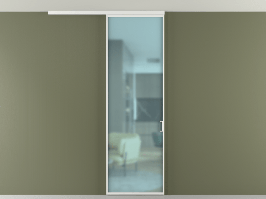 Перегородка Формато вдоль стены на потолок 1 створка АЛПР 040.01 Алюминий белоснежный Сатинированное голубое стекло, триплекс Цена 698563 ₸ | Volhovec