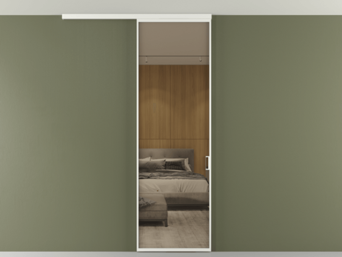 Перегородка Формато вдоль стены на потолок 1 створка АЛПР 040.01 Алюминий светло-серый Рефлективное бронзовое стекло "Стопсол", калёное Цена 903949 ₸ | Volhovec