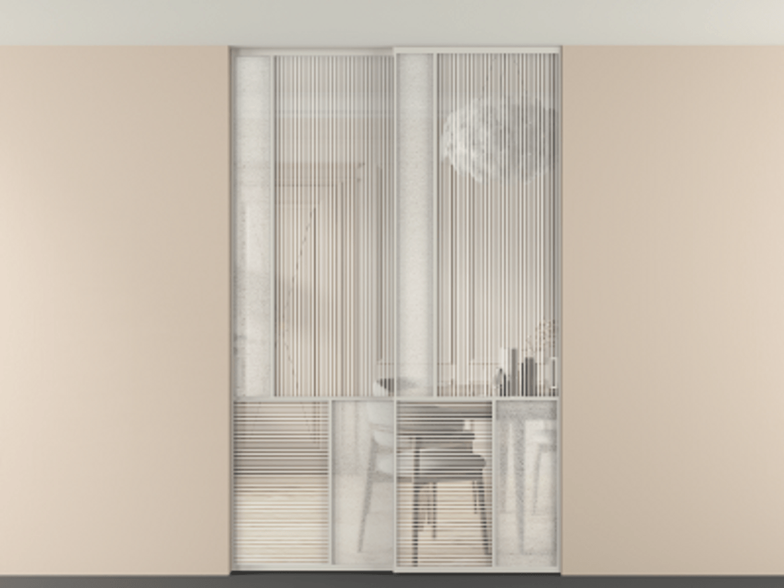 Перегородка Mosaic внутри проёма скрытое крепление в потолок 2 створки АЛПР 041.20 Алюминий тёплый серый Рифлёное стекло "Дюна", триплекс, 6 мм + Фактурное стекло "Лёд", триплекс Цена 2574785 ₸ | Volhovec