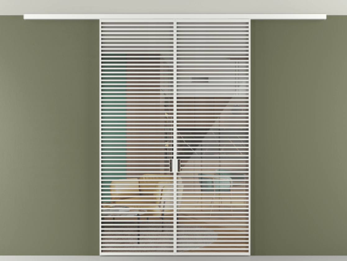 Перегородка Formato вдоль стены на потолок 2 створки АЛПР 040.07 Алюминий белоснежный Рефлективное прозрачное стекло "Стопсол", калёное Цена 3473971 ₸ | Volhovec