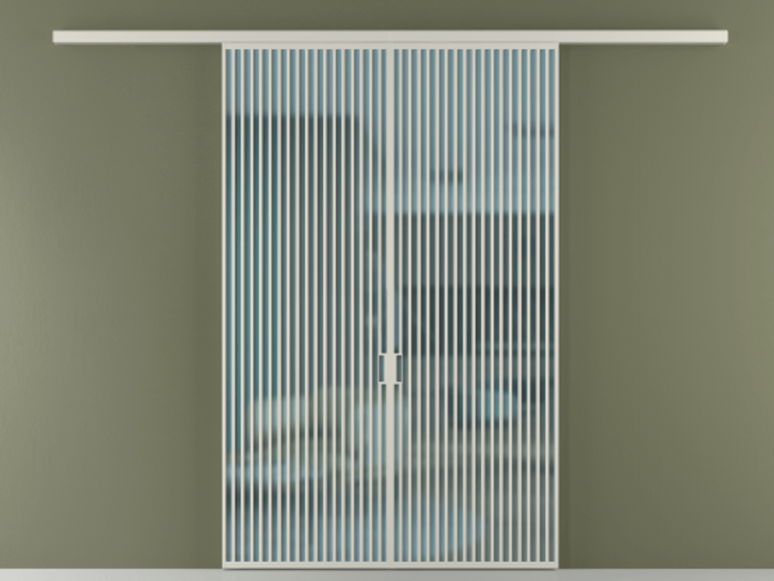 Перегородка Формато вдоль стены 2 створки АЛПР 040.06 Алюминий тёплый серый Сатинированное голубое стекло, триплекс Цена 2588922 ₸ | Volhovec