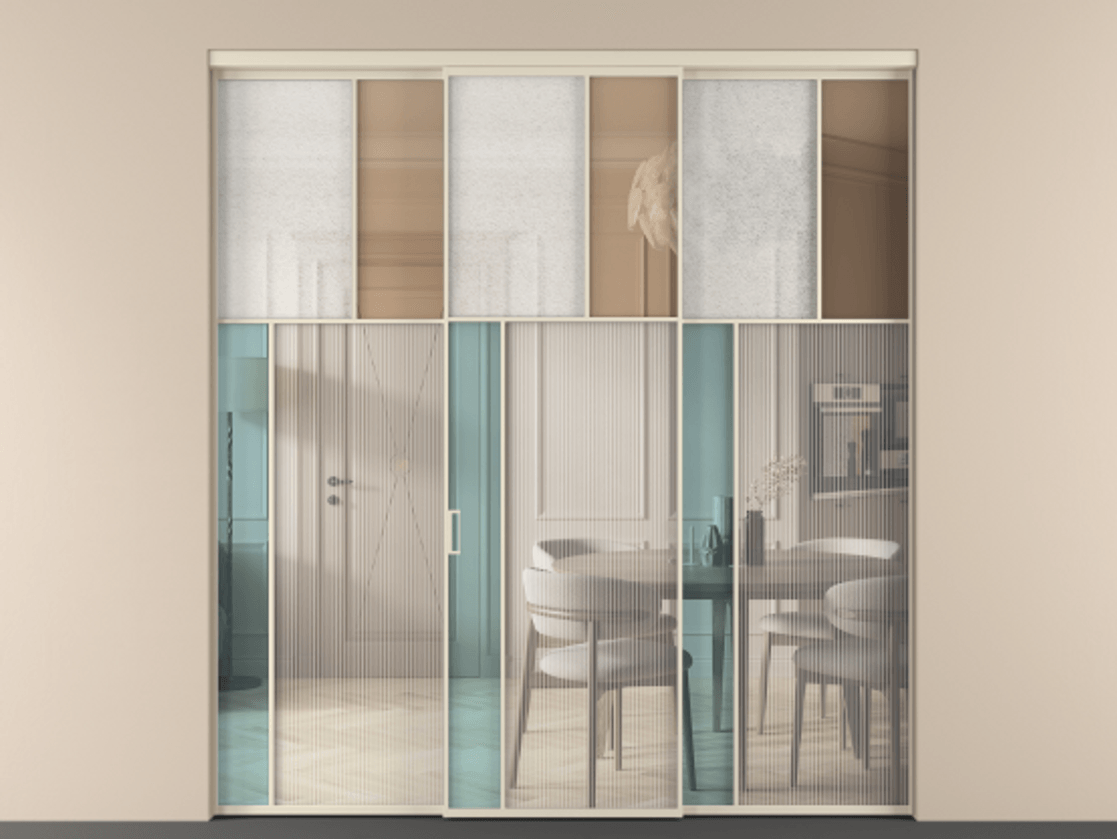 Перегородка Mosaic внутри проёма трёхстворчатая АЛПР 041.22 Алюминий бежево-серый Комбинация стекол Группы 1 и Группы 3 Цена 2033700 ₸ | Volhovec