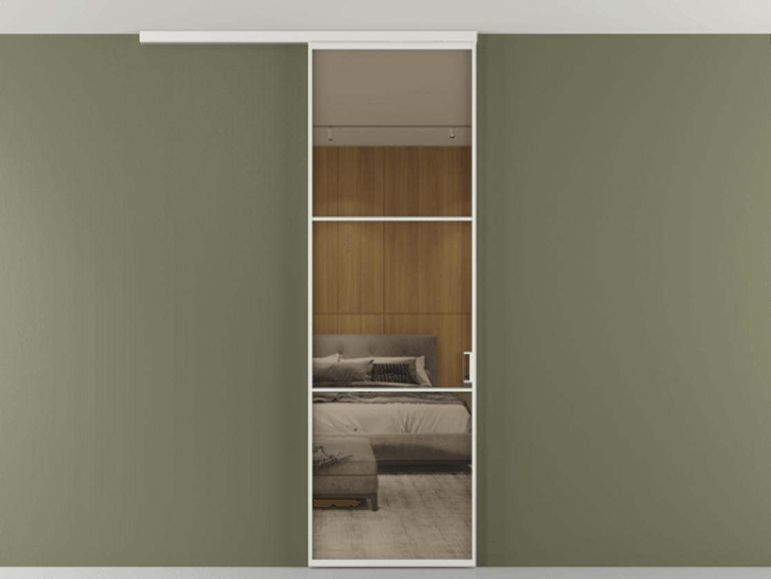 Перегородка Формато вдоль стены на потолок 1 створка АЛПР 040.03 Алюминий серый Рефлективное бронзовое стекло "Стопсол", калёное Цена 811853 ₸ | Volhovec