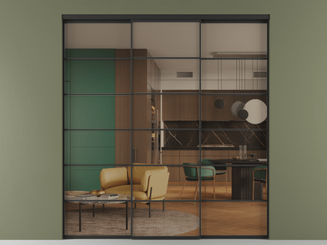 Перегородка Формато внутри проёма 3 створки АЛПР 040.04 Алюминий Черный Прозрачное бронзовое стекло, триплекс Цена 1849365 ₸ | Volhovec