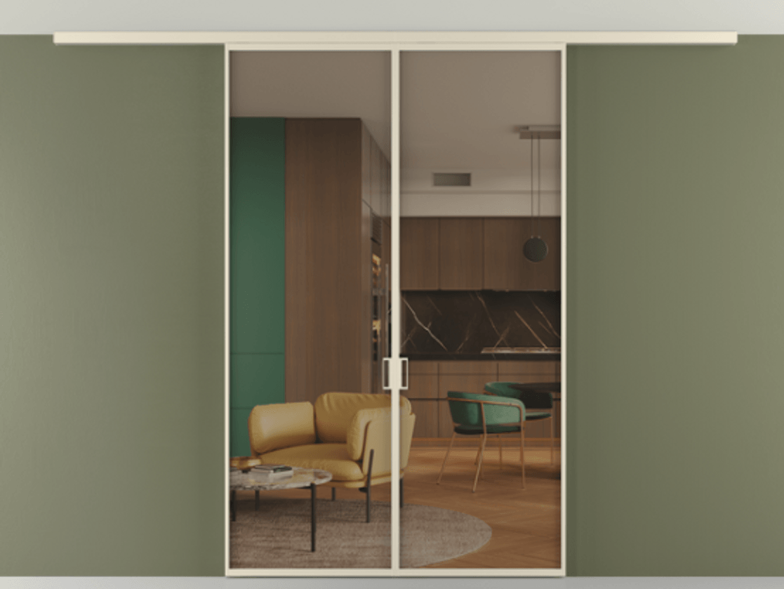 Перегородка Формато вдоль стены на потолок 2 створки АЛПР 040.01 Алюминий бежево-серый Прозрачное бронзовое стекло, триплекс Цена 1633262 ₸ | Volhovec