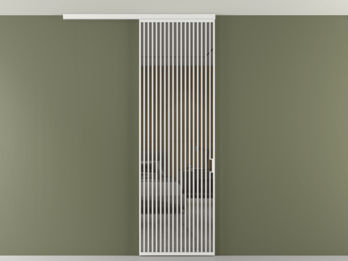 Перегородка Формато вдоль стены на потолок 1 створка АЛПР 040.06 Алюминий белоснежный Рефлективное серое стекло "Стопсол", калёное Цена 1463828 ₸ | Volhovec